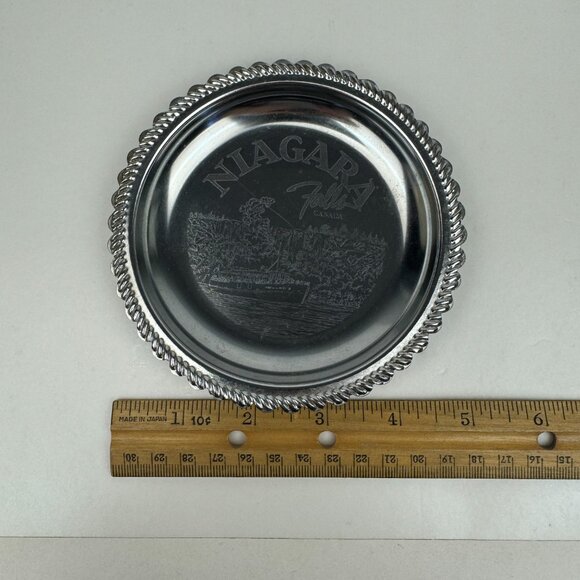 Vtg Small Round Silver Metal Niagara Falls Canada Souvenir Etched Dish Scalloped - Picture 15 of 15